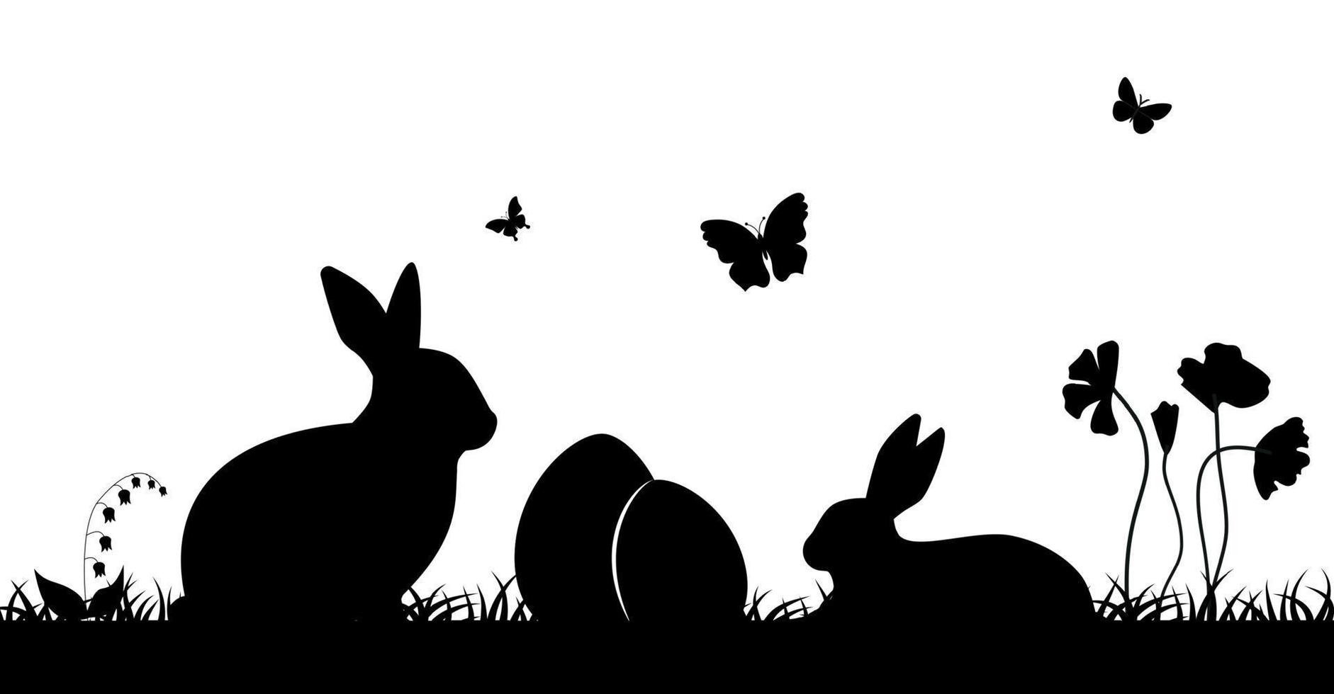 Pasen illustratie met konijn en gras en eieren.pasen achtergrond met konijn en Pasen eieren. silhouet vector grafiek.