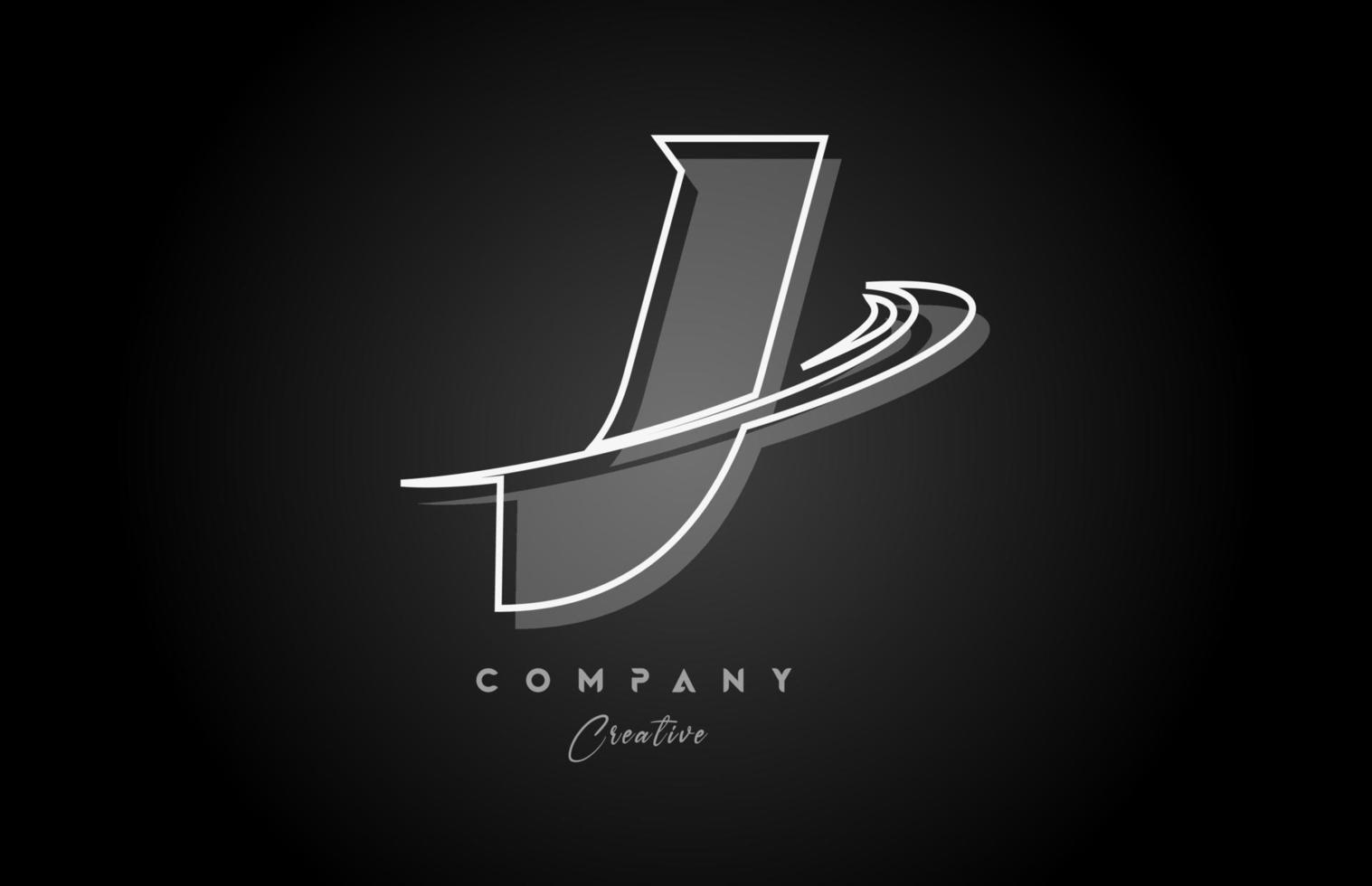 zwart en wit j lijn alfabet brief logo icoon ontwerp met swoosh en schaduw. creatief sjabloon voor bedrijf en bedrijf vector