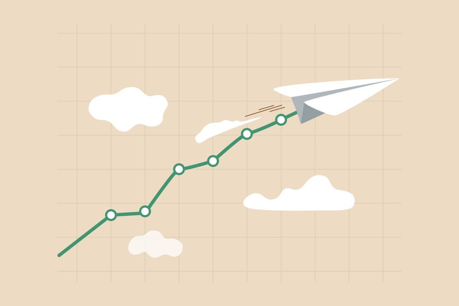 beurs stijgende, groei van het bedrijf verdienen, concept van economische welvaart, papier vliegtuig trekken lijngrafiek stijgt in de wolken. vector