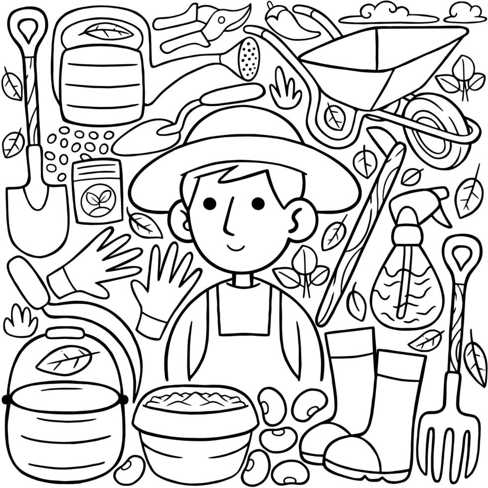 een lijn kunst tekening van een boer met divers items inclusief een landbouw apparatuur. vector