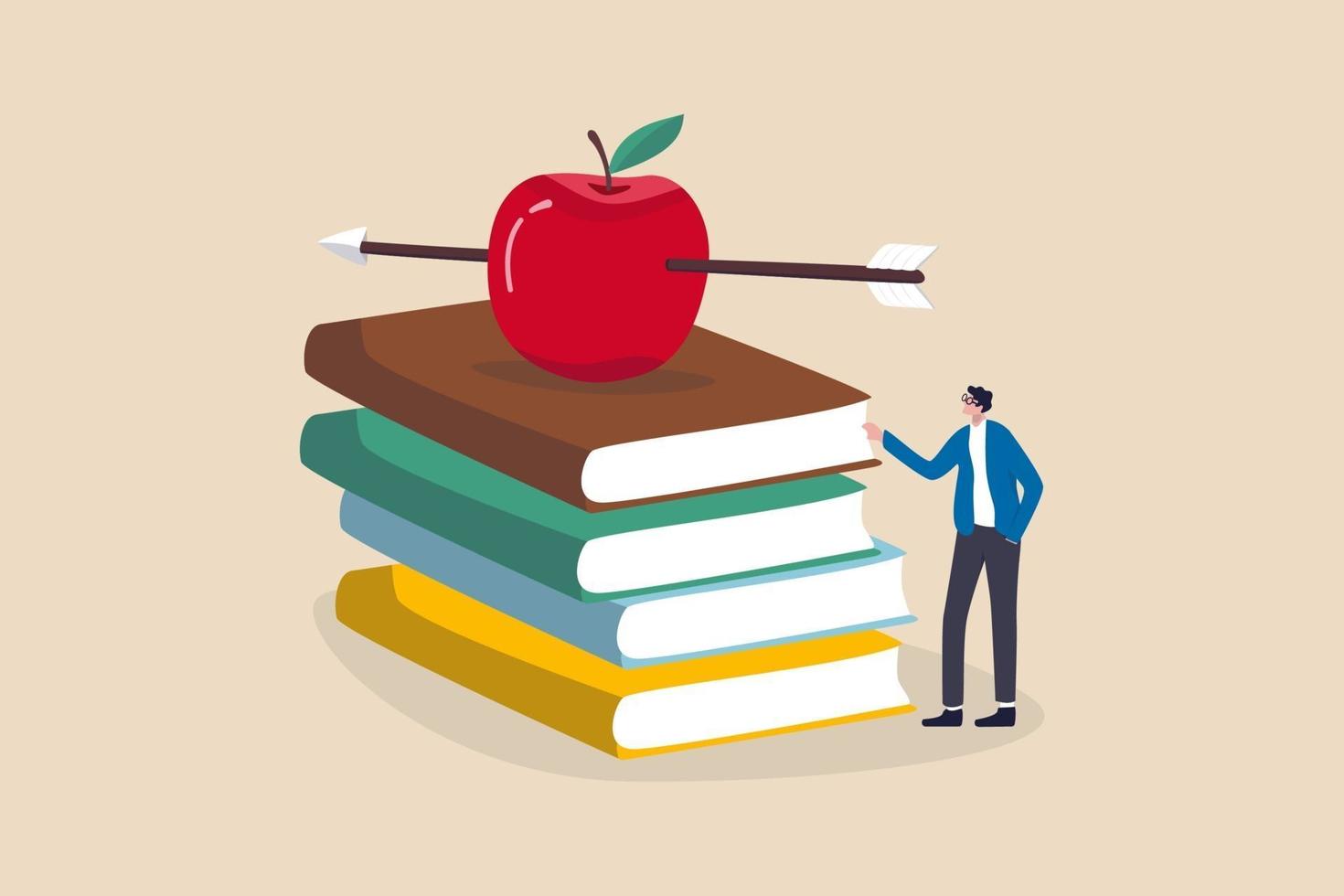 kennis, onderwijs, academisch en beursconcept, slimme leraar of professor die wachten om les te geven die zich met boogschietpijl recht op rode appel op stapel handboeken bevindt. vector