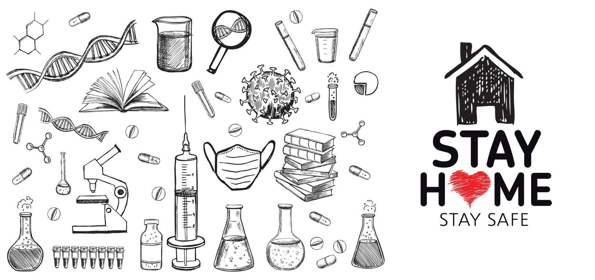 laboratorium Onderzoek vector hand- getrokken pictogrammen set. coronavirus.