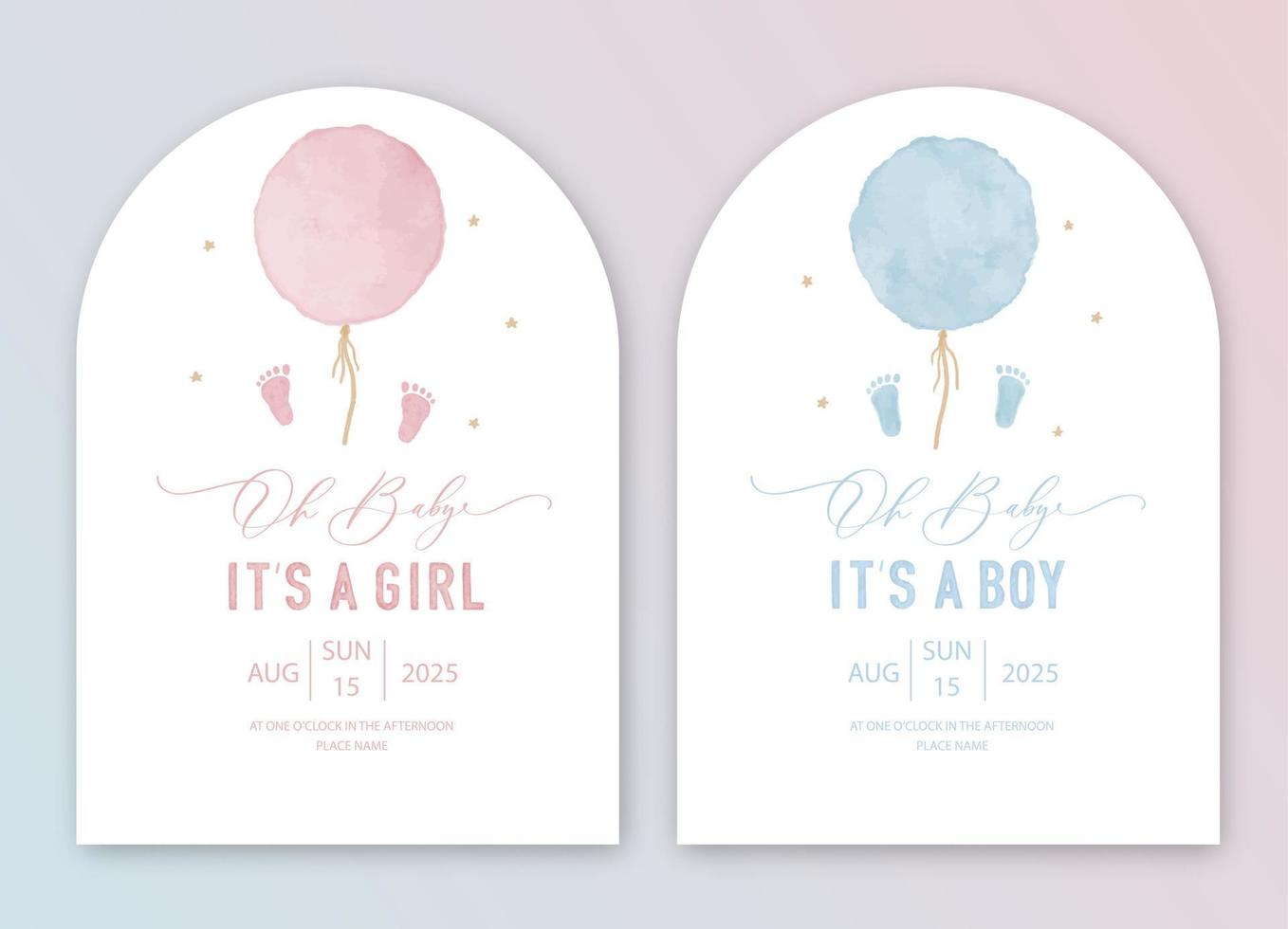 schattig baby douche waterverf uitnodiging kaart voor baby en kinderen nieuw geboren viering. haar een meisje, haar een jongen kaart met roze en blauw ballon. vector