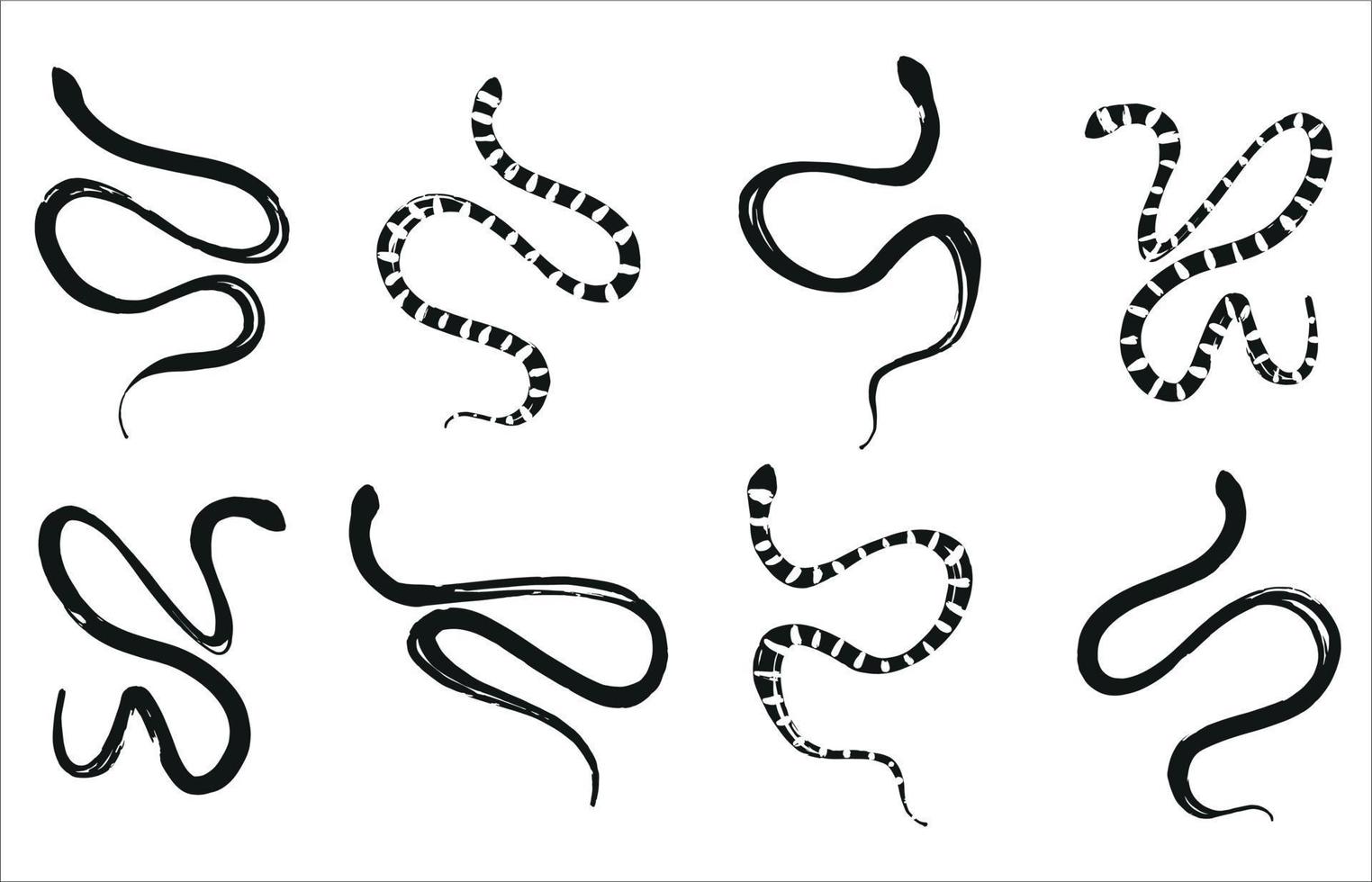 een reeks van hand getekend slangen in zwart en wit grafiek. reptielen voor ieder ontwerp. vector slangen in een minimalistisch stijl.
