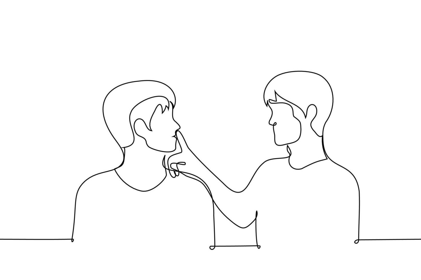 Mens sluit zijn mond met zijn vinger naar een ander - een lijn tekening vector. de concept van grap, stilte, stilte of boycot vector
