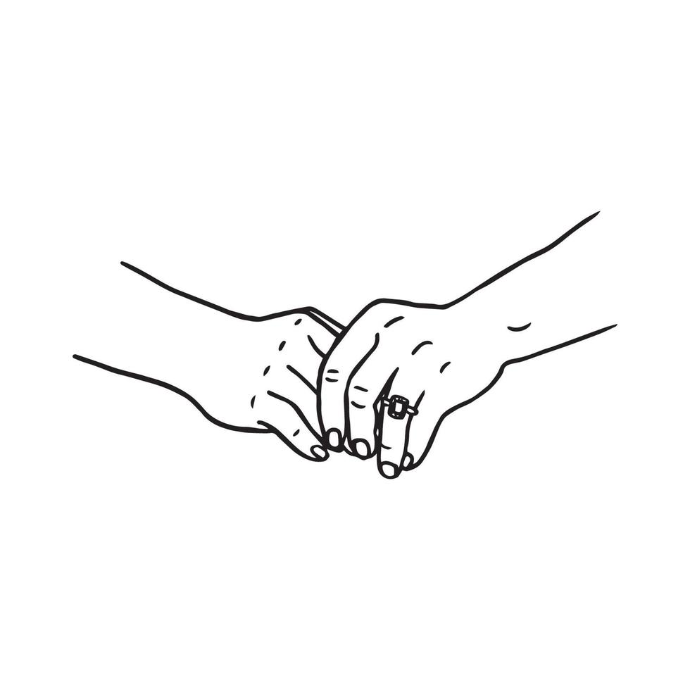 vrouw handen met een diamant ring Aan de ring vinger - tekening schetsen van de handen van de bruid of vrouw vector