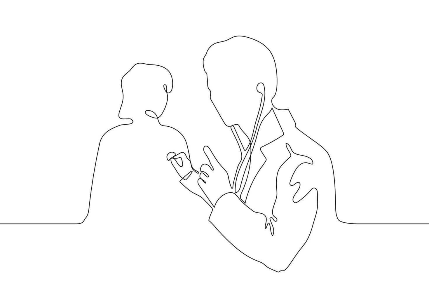 doorlopend lijn kunst silhouet van een mannetje dokter dokter luisteren door patiënten borst naar stethoscoop. afspraak met een dokter, medisch inspectie. het kan worden gebruikt voor animatie. vector