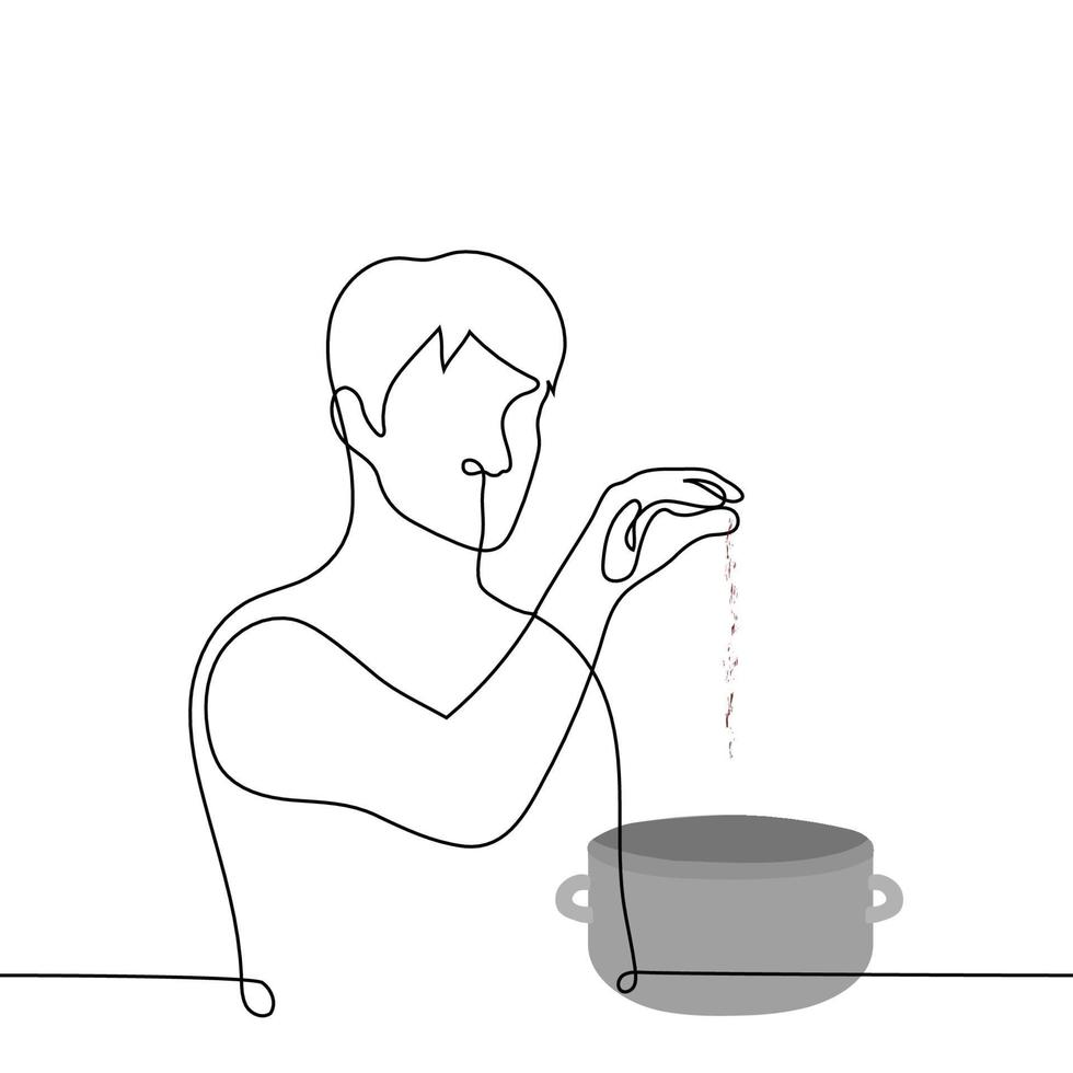 Mens gieten een snuifje van specerijen in een pan - een lijn tekening. concept toevoegen specerijen wanneer Koken vector