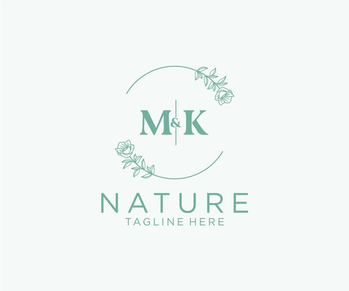 eerste mk brieven botanisch vrouwelijk logo sjabloon bloemen, bewerkbare premade monoline logo geschikt, luxe vrouwelijk bruiloft branding, zakelijk. vector