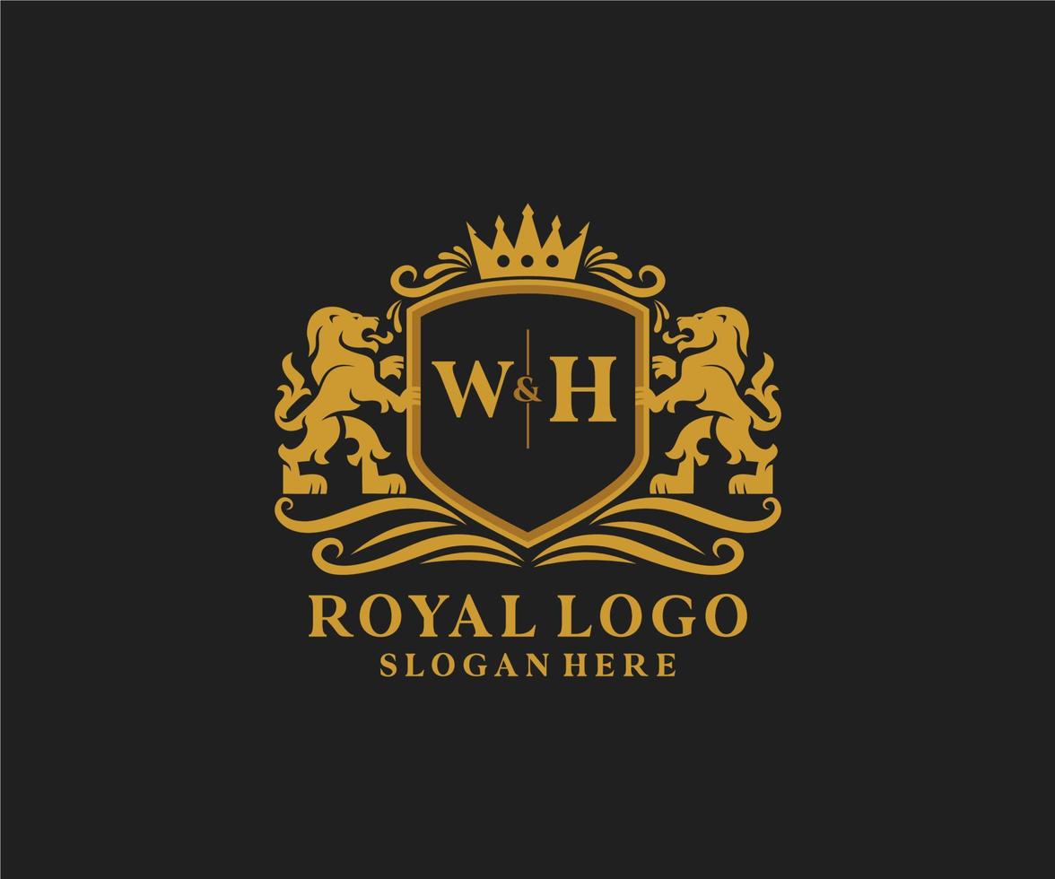 eerste wie? brief leeuw Koninklijk luxe logo sjabloon in vector kunst voor restaurant, royalty, boetiek, cafe, hotel, heraldisch, sieraden, mode en andere vector illustratie.