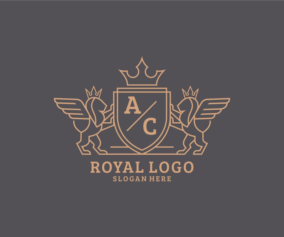 eerste ac brief leeuw Koninklijk luxe heraldisch, wapen logo sjabloon in vector kunst voor restaurant, royalty, boetiek, cafe, hotel, heraldisch, sieraden, mode en andere vector illustratie.