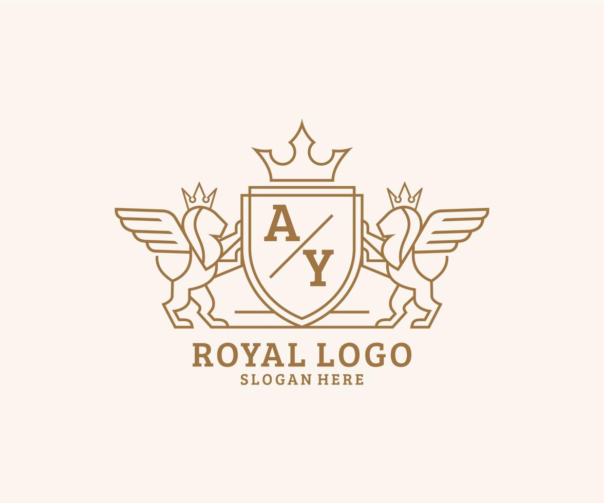 eerste ay brief leeuw Koninklijk luxe heraldisch, wapen logo sjabloon in vector kunst voor restaurant, royalty, boetiek, cafe, hotel, heraldisch, sieraden, mode en andere vector illustratie.