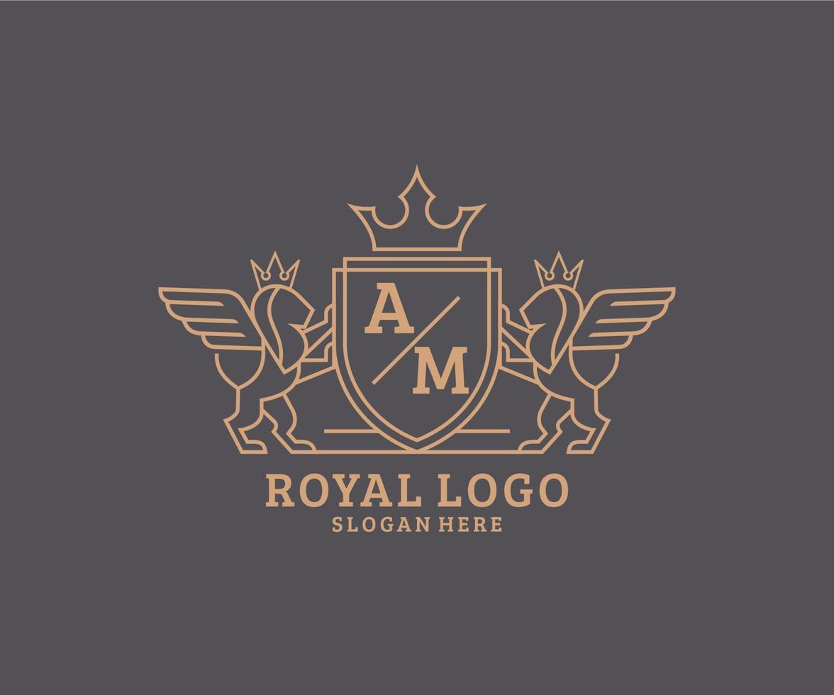 eerste ben brief leeuw Koninklijk luxe heraldisch, wapen logo sjabloon in vector kunst voor restaurant, royalty, boetiek, cafe, hotel, heraldisch, sieraden, mode en andere vector illustratie.