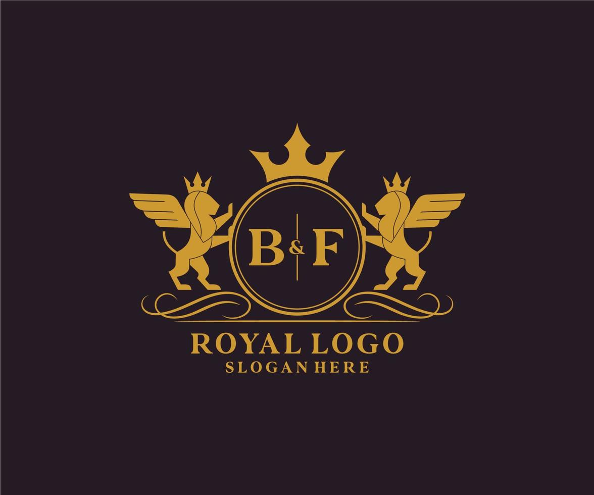 eerste bf brief leeuw Koninklijk luxe heraldisch, wapen logo sjabloon in vector kunst voor restaurant, royalty, boetiek, cafe, hotel, heraldisch, sieraden, mode en andere vector illustratie.