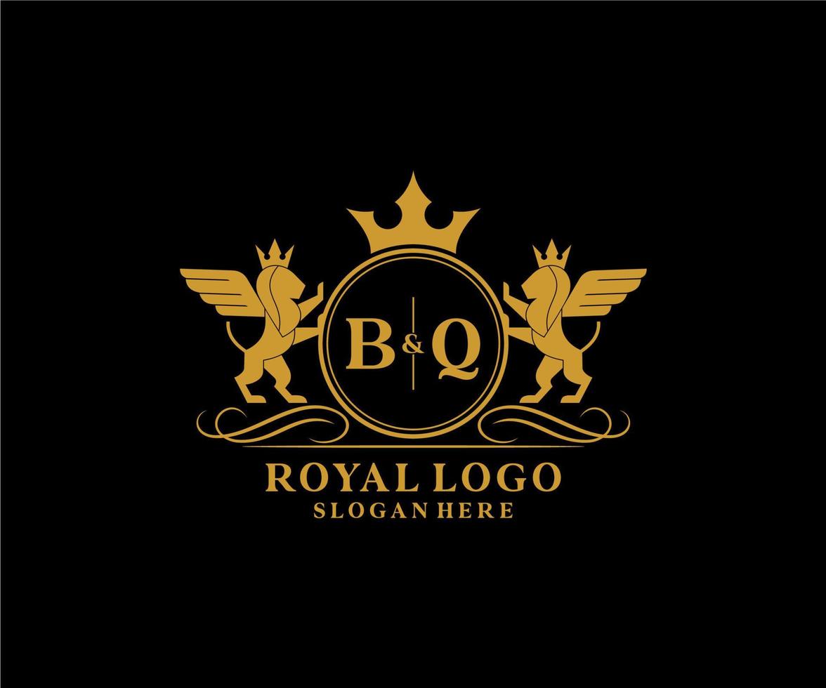eerste bq brief leeuw Koninklijk luxe heraldisch, wapen logo sjabloon in vector kunst voor restaurant, royalty, boetiek, cafe, hotel, heraldisch, sieraden, mode en andere vector illustratie.