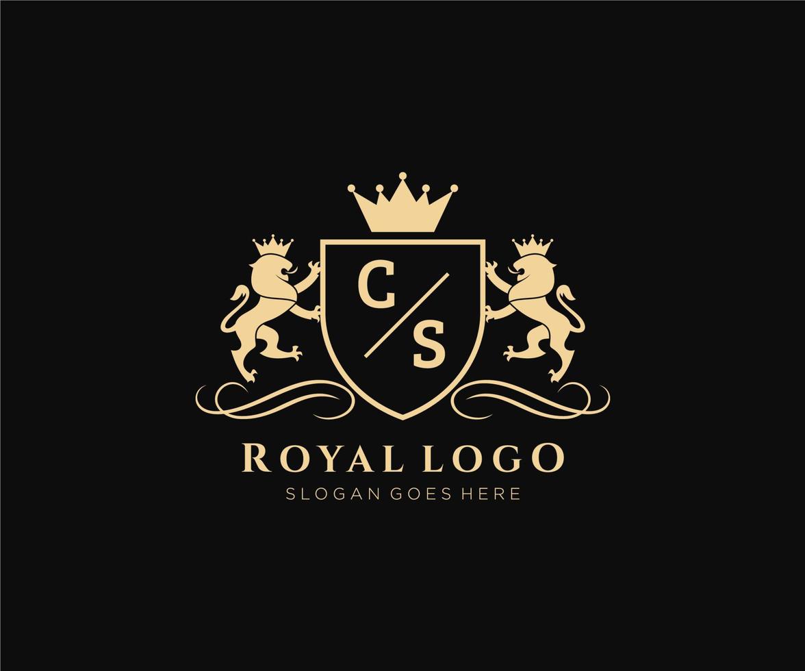 eerste cs brief leeuw Koninklijk luxe heraldisch, wapen logo sjabloon in vector kunst voor restaurant, royalty, boetiek, cafe, hotel, heraldisch, sieraden, mode en andere vector illustratie.