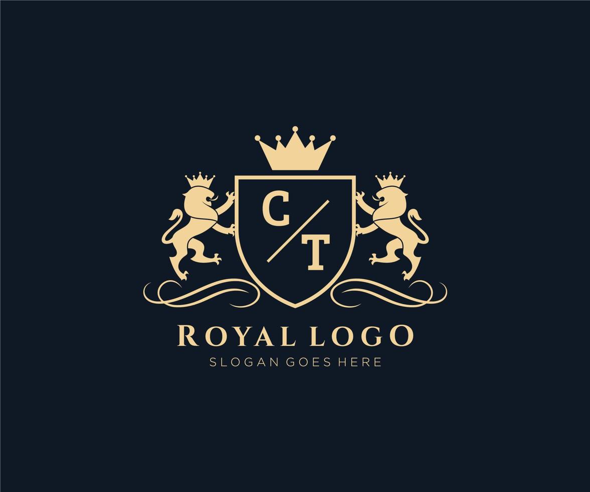 eerste ct brief leeuw Koninklijk luxe heraldisch, wapen logo sjabloon in vector kunst voor restaurant, royalty, boetiek, cafe, hotel, heraldisch, sieraden, mode en andere vector illustratie.