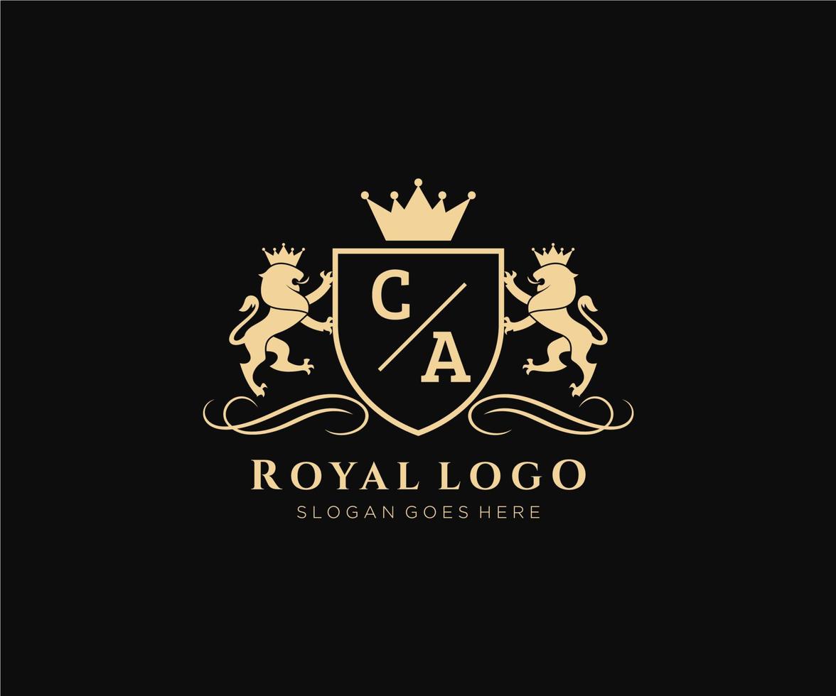 eerste ca brief leeuw Koninklijk luxe heraldisch, wapen logo sjabloon in vector kunst voor restaurant, royalty, boetiek, cafe, hotel, heraldisch, sieraden, mode en andere vector illustratie.