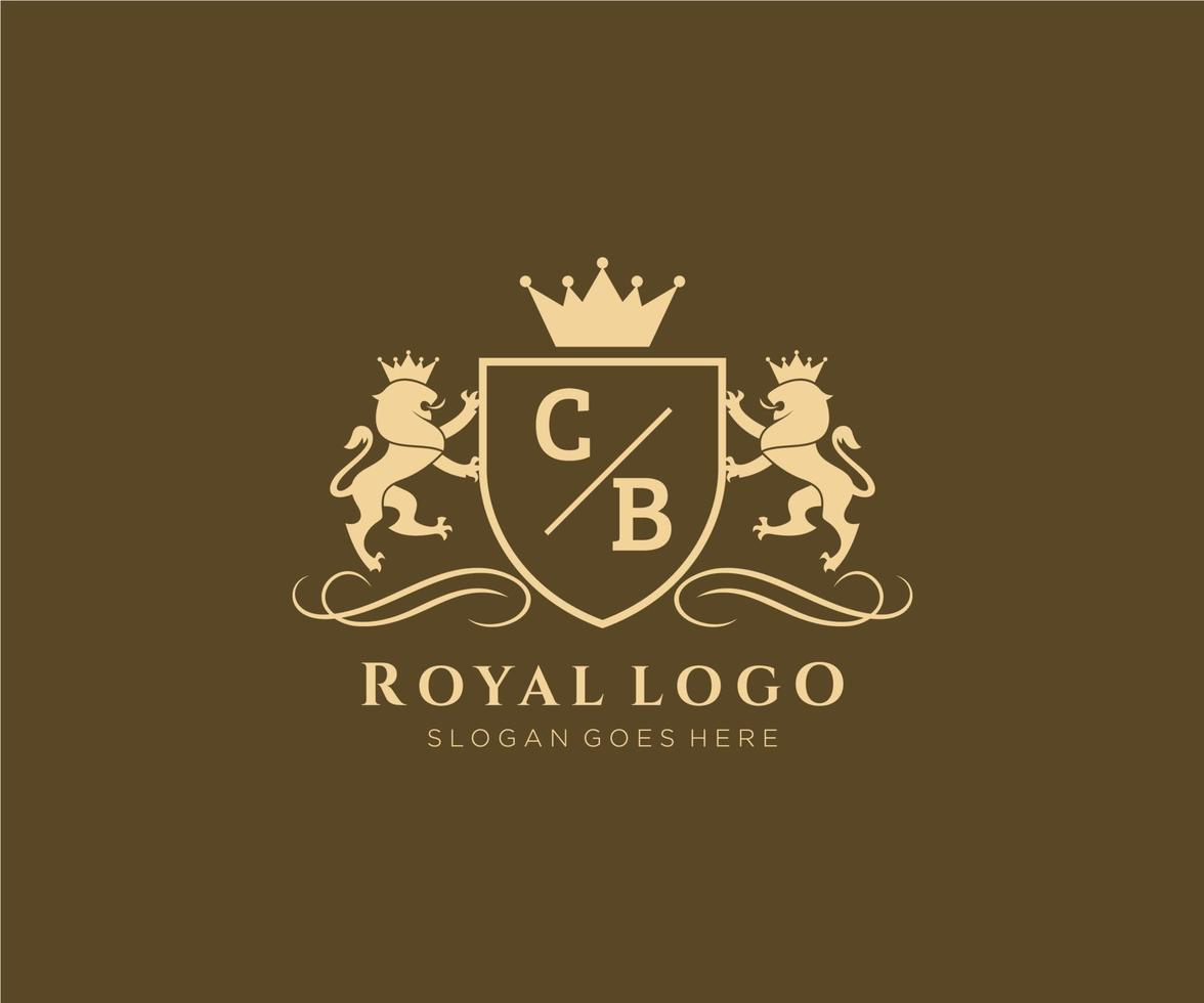 eerste cb brief leeuw Koninklijk luxe heraldisch, wapen logo sjabloon in vector kunst voor restaurant, royalty, boetiek, cafe, hotel, heraldisch, sieraden, mode en andere vector illustratie.