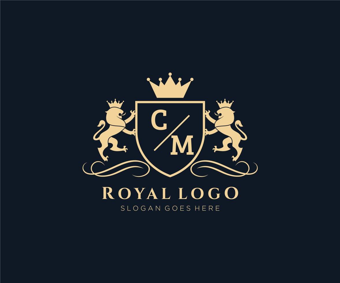 eerste cm brief leeuw Koninklijk luxe heraldisch, wapen logo sjabloon in vector kunst voor restaurant, royalty, boetiek, cafe, hotel, heraldisch, sieraden, mode en andere vector illustratie.