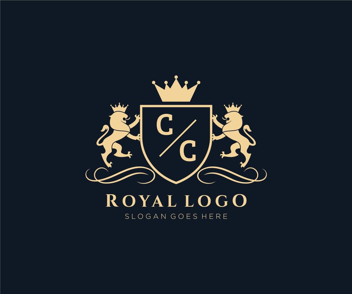 eerste cc brief leeuw Koninklijk luxe heraldisch, wapen logo sjabloon in vector kunst voor restaurant, royalty, boetiek, cafe, hotel, heraldisch, sieraden, mode en andere vector illustratie.