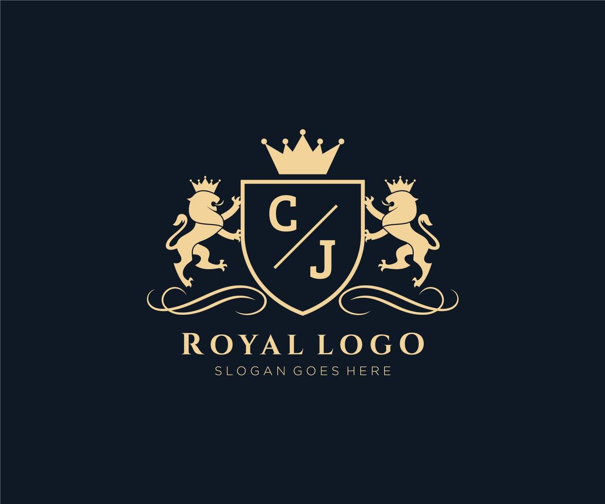 eerste cj brief leeuw Koninklijk luxe heraldisch, wapen logo sjabloon in vector kunst voor restaurant, royalty, boetiek, cafe, hotel, heraldisch, sieraden, mode en andere vector illustratie.