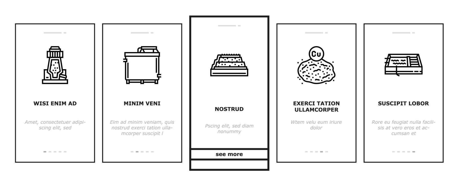 koper metaal productie staal onboarding pictogrammen reeks vector