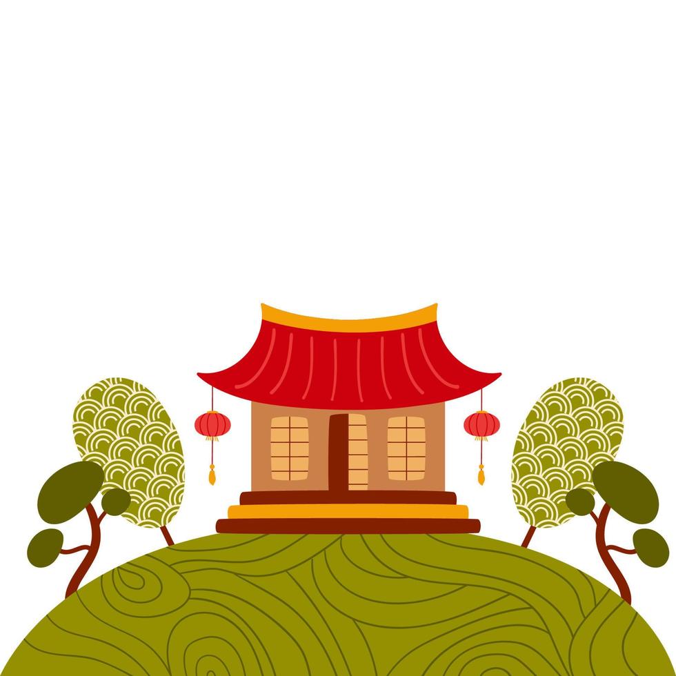 Aziatisch huis. Koreaans traditioneel huis. Chinese huis. Aziatisch landschap panorama, Azië bomen in traditioneel overladen. landschap lay-out ontwerp in oosters stijl Golf patroon textuur. vector illustratie.