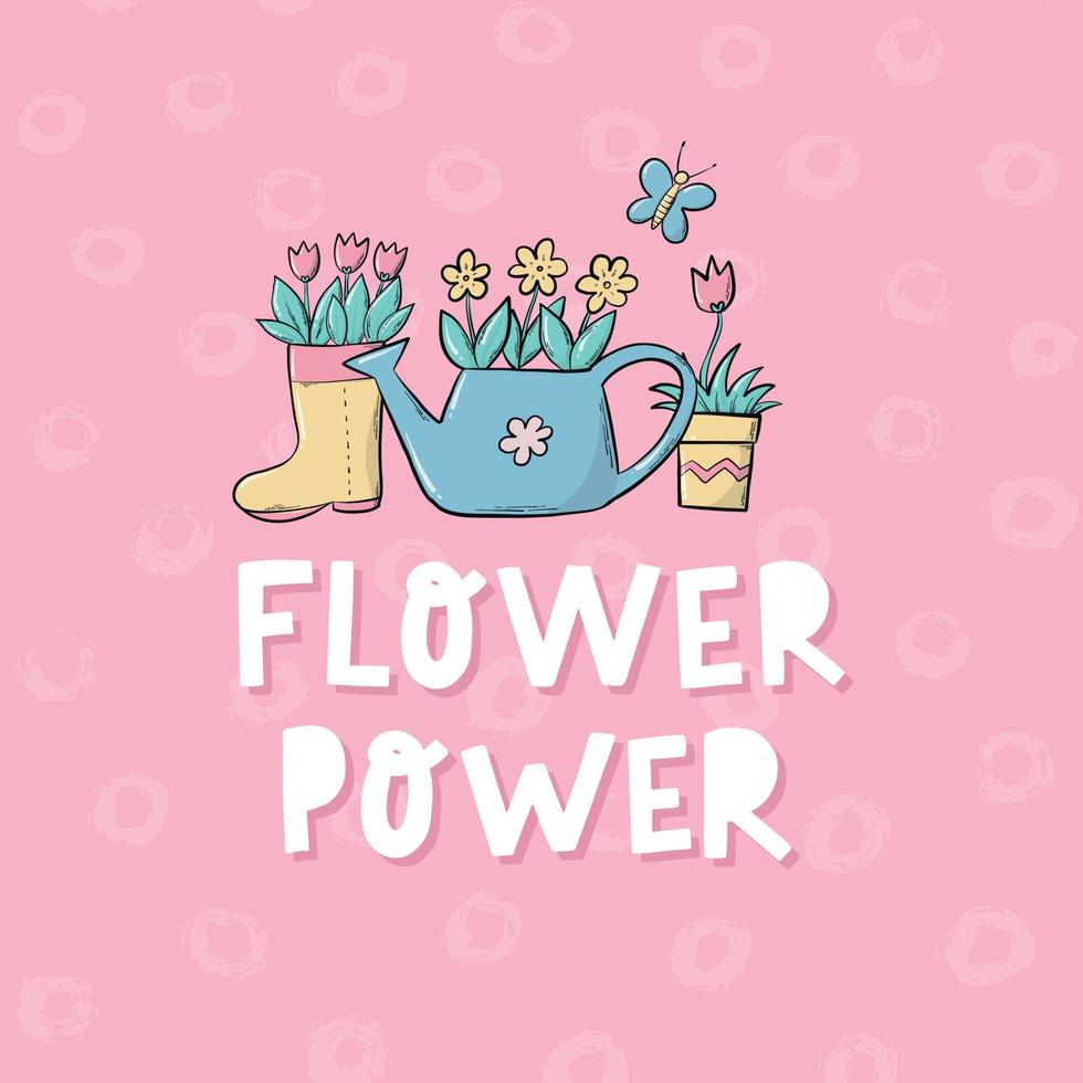 bloem macht belettering citaat versierd met doodles van bloemen Aan roze achtergrond. tuinieren, voorjaar thema. poster, afdrukken, kaart, banier, sjabloon, enz. eps 10 vector