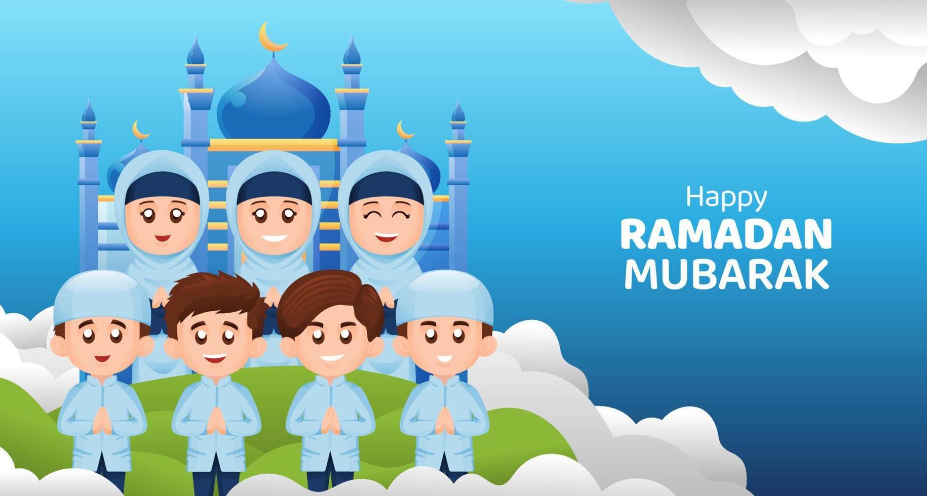 moslim kinderen jongen en meisje groet Ramadan kareem mubarak met gelukkig glimlach illustratie concept vector