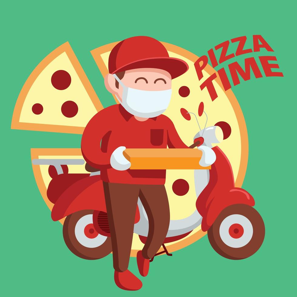 levering Mens pizza met masker en rood uniform vector