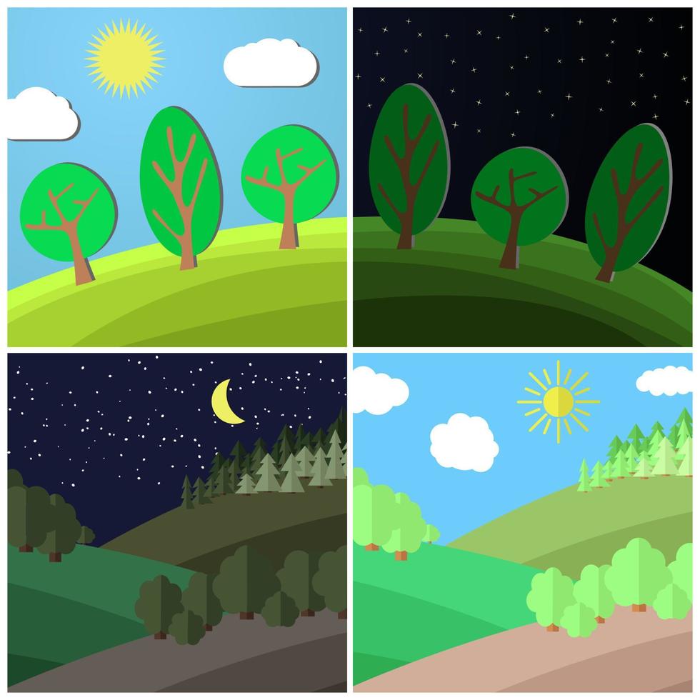 reeks van zomer landschap. dag en nacht Aan een opruimen in de Woud. tekenfilm vector illustratie.