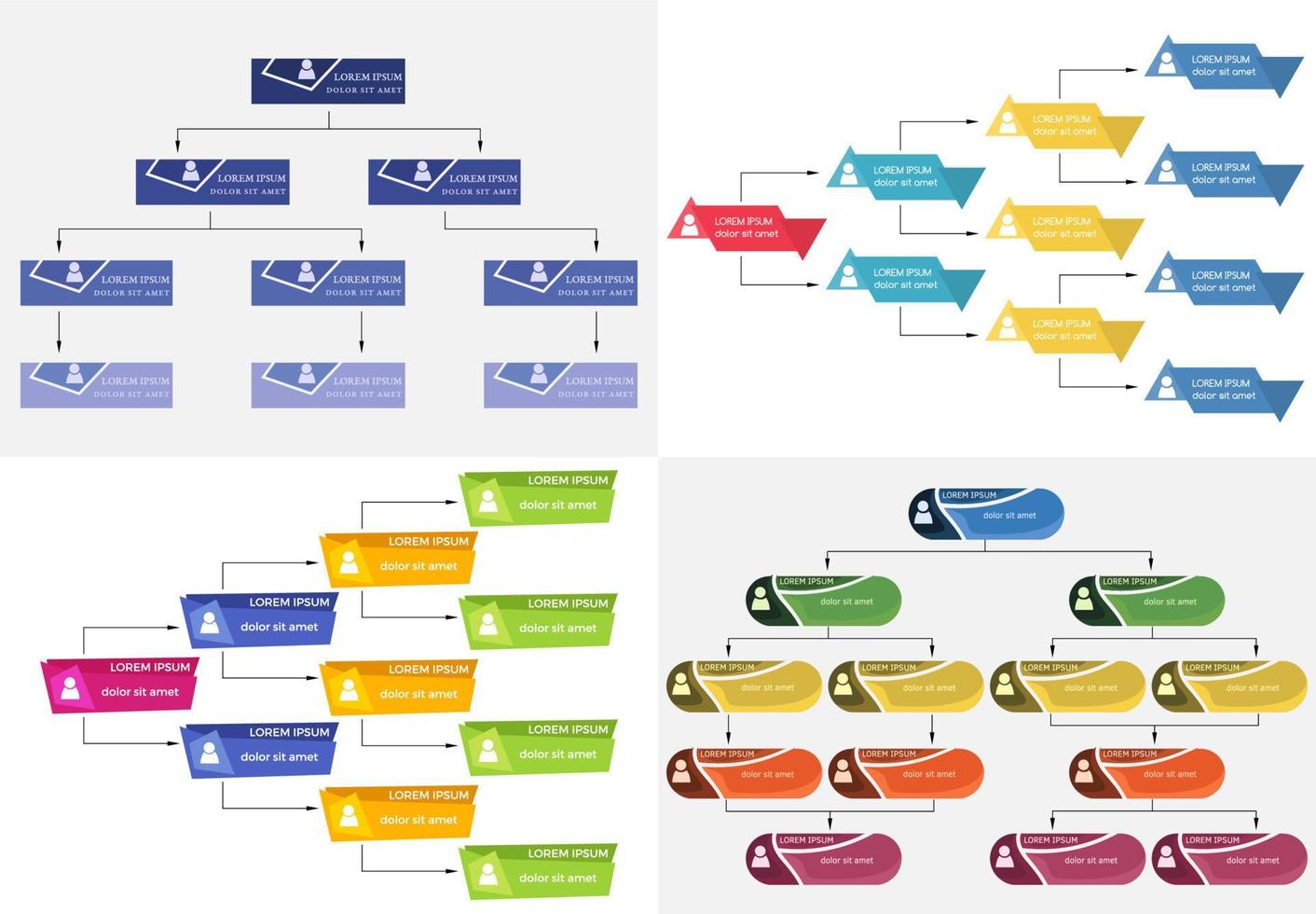 reeks van vier kleurrijk bedrijf structuur concept, zakelijke organisatie tabel regeling met mensen pictogrammen. vector illustratie.