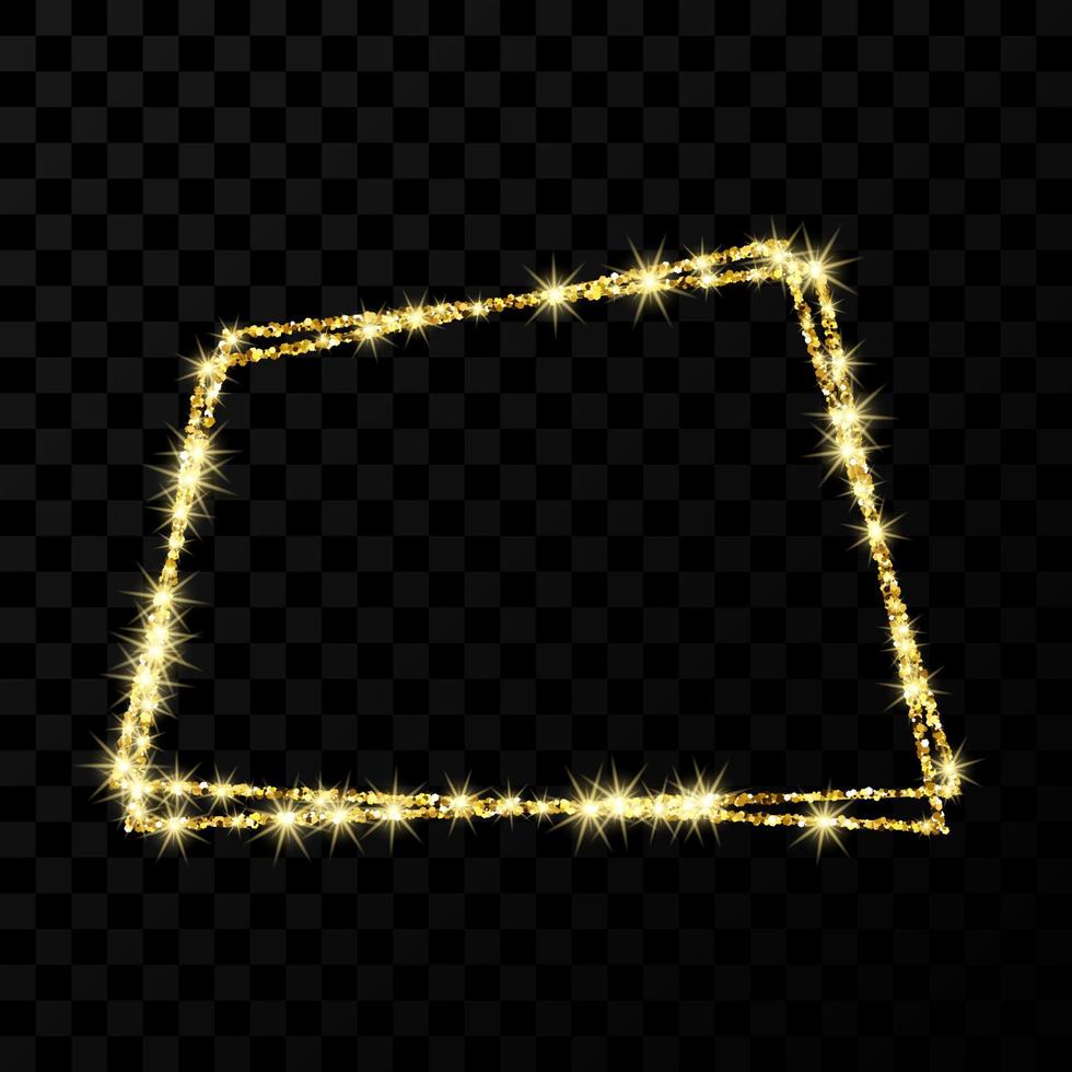 goud dubbele trapezium kader. modern glimmend kader met licht Effecten geïsoleerd Aan donker vector