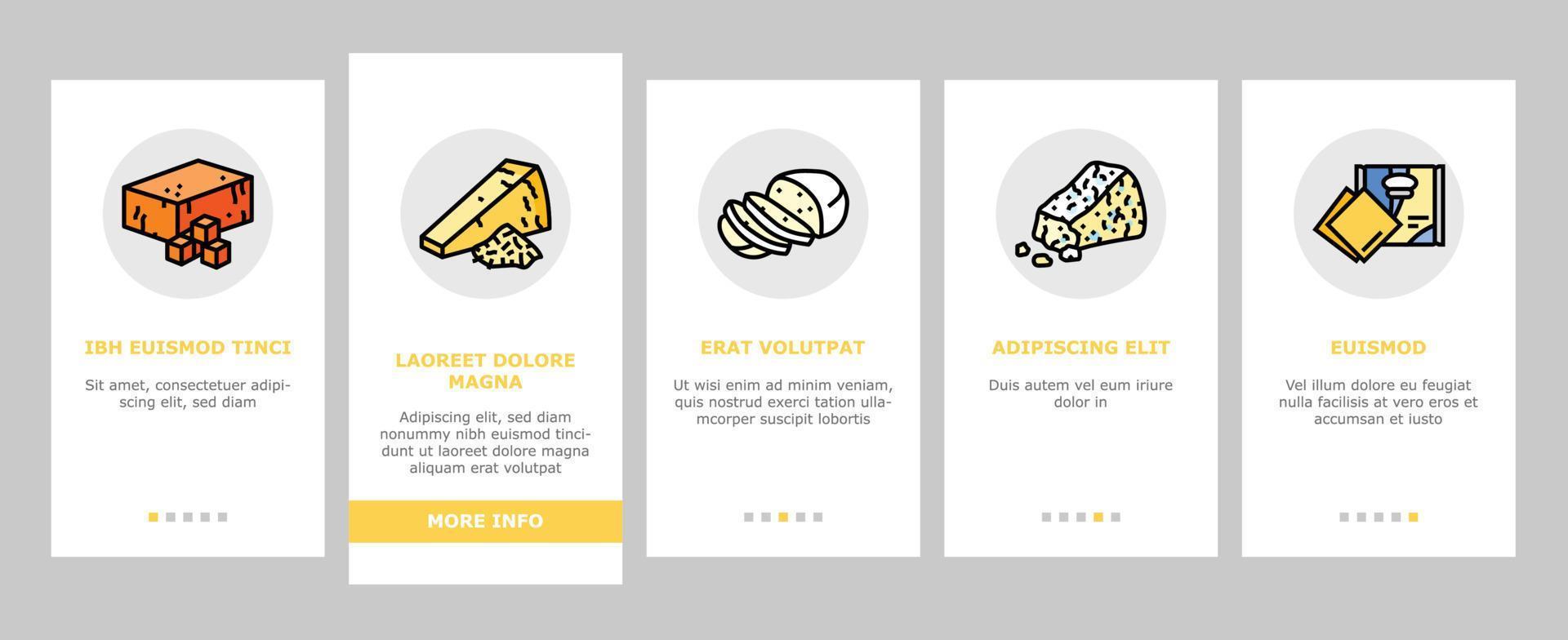 kaas voedsel plak stuk zuivel onboarding pictogrammen reeks vector