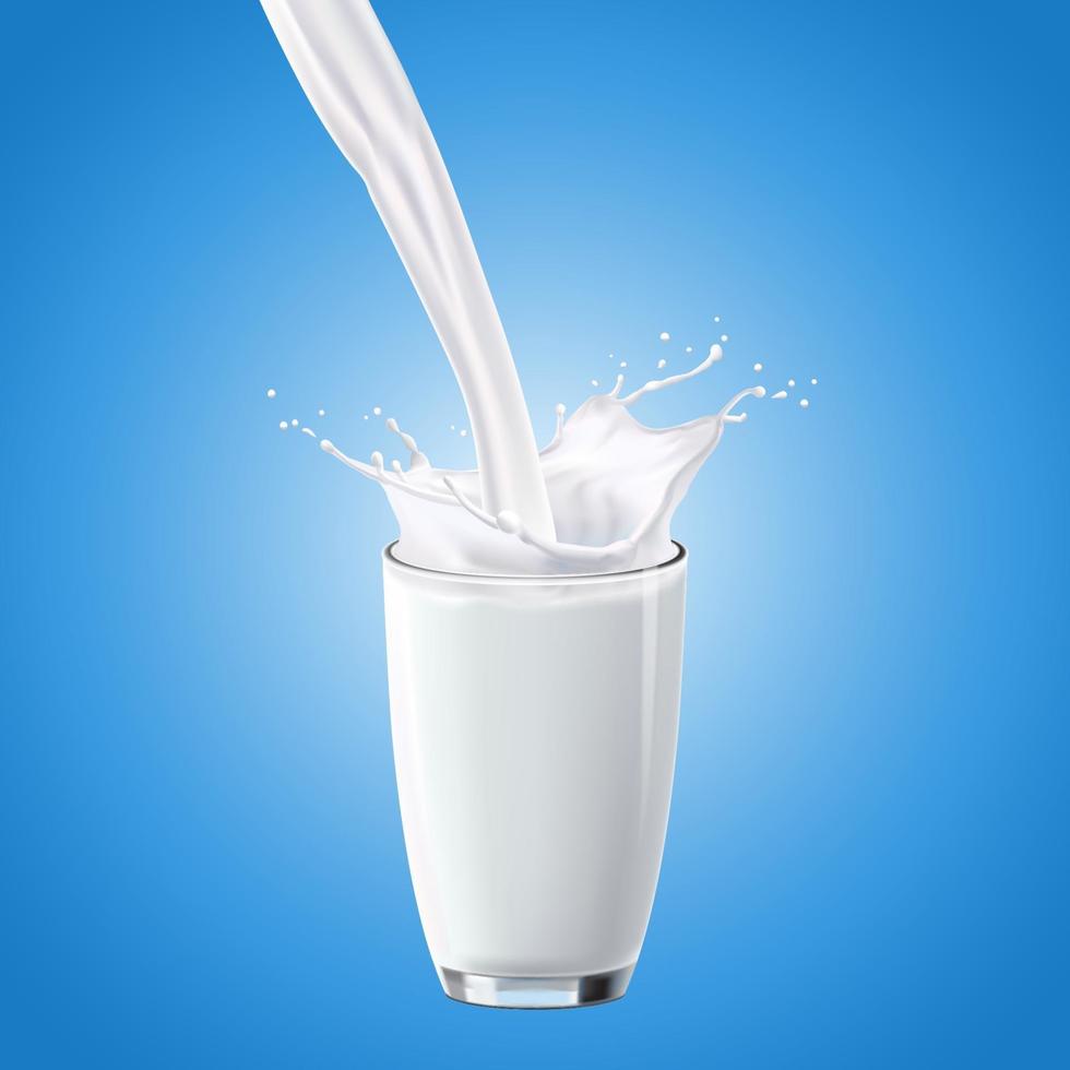 realistische transparant glas melk spatten op een blauwe achtergrond vector