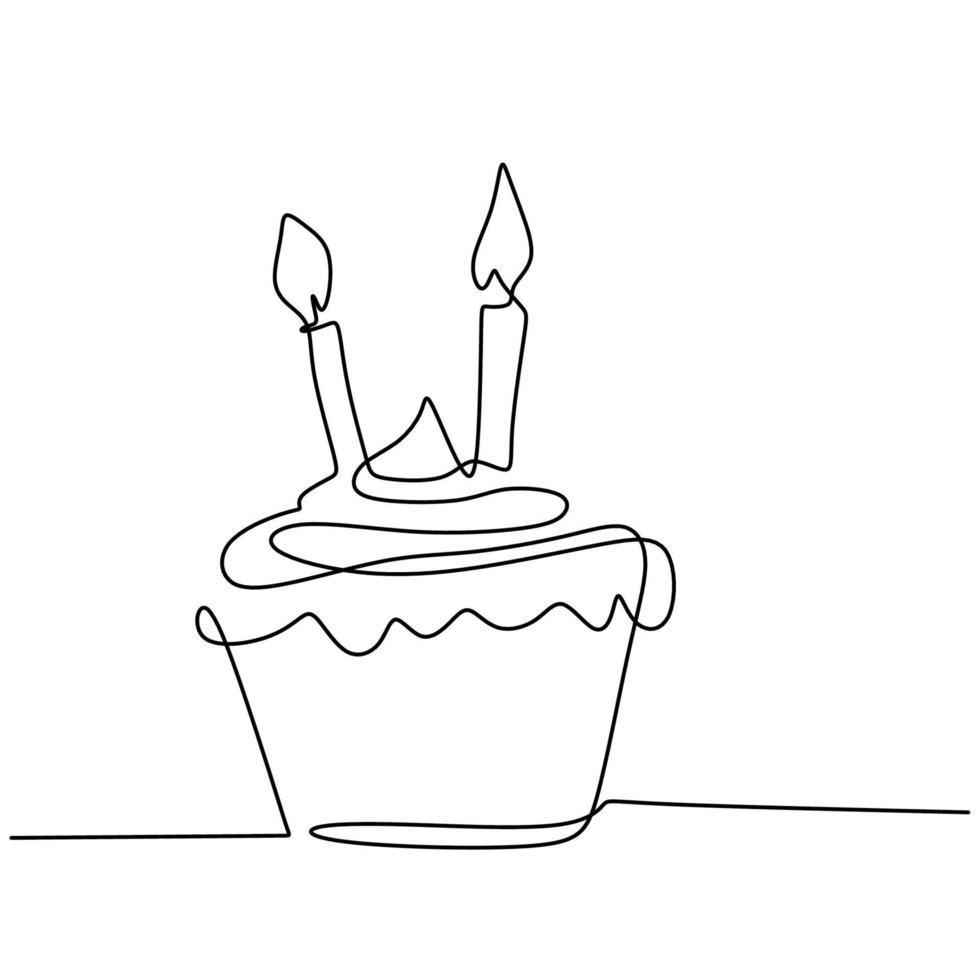 verjaardag cupcake met kaars een doorlopende lijntekening geïsoleerd op een witte achtergrond. verrassingsverjaardagstaart in minimalistisch design. lekker en heerlijk concept. vector illustratie