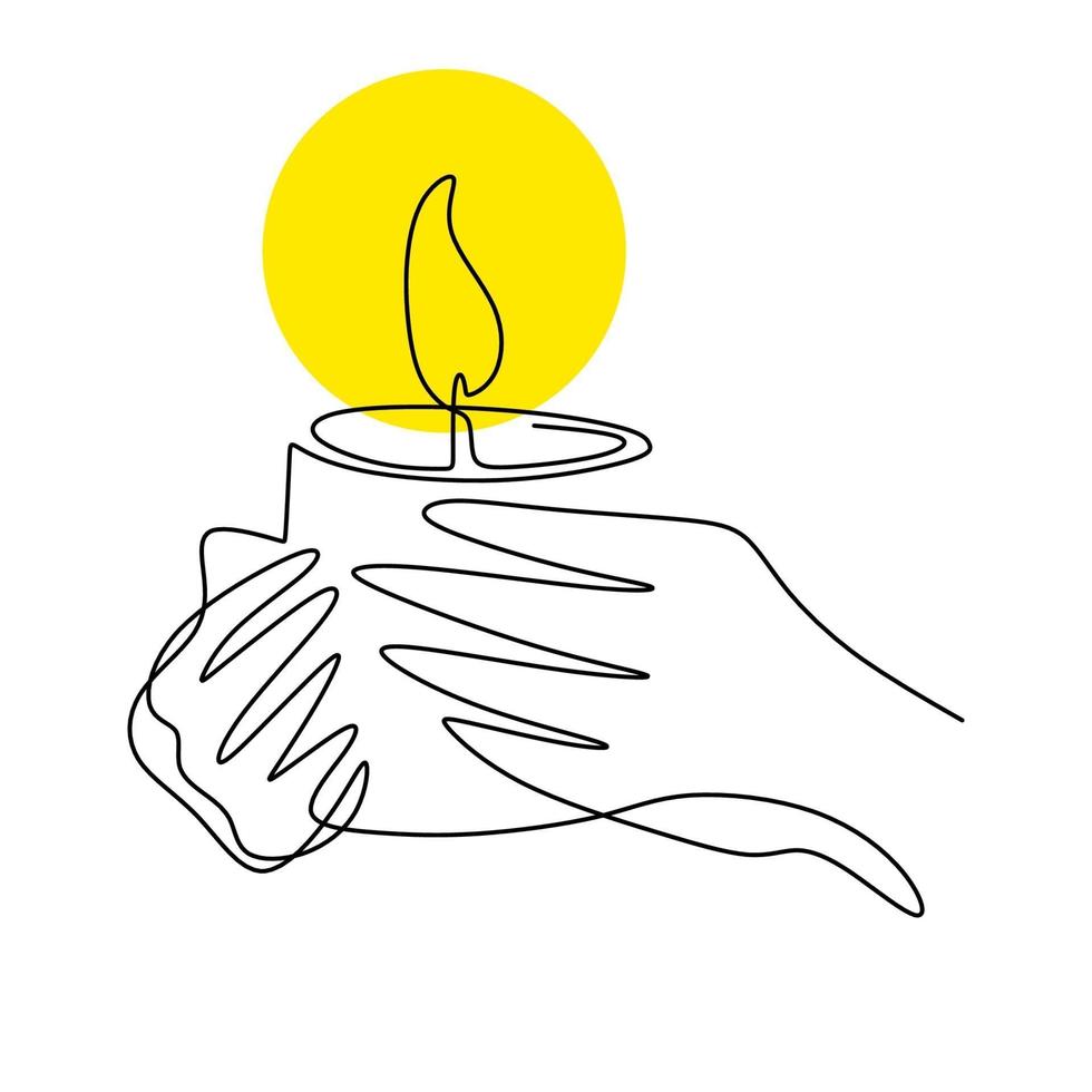 continu een lijntekening van een hand met brandende kaars. menselijke handen met een geheugenkaars. smeltende kaars in de linkerhand. vector minimalisme ontwerp geïsoleerd op een witte achtergrond