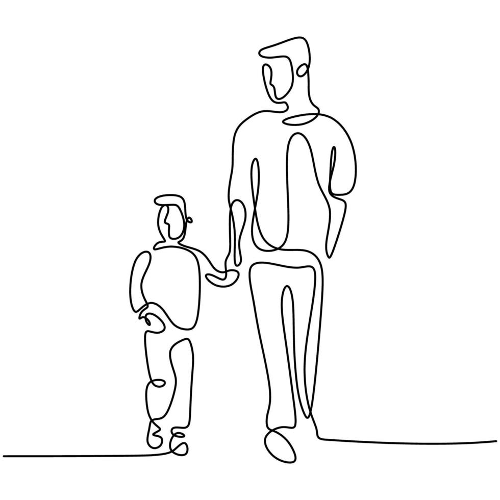 een lijntekening van vader en zoon. jonge papa die zijn kind vasthoudt en samen op straat loopt om 's ochtends te oefenen. gelukkig gezin tijd concept. minimalistische stijl. vector illustratie