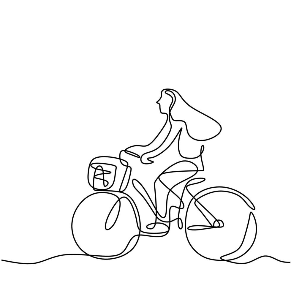 een enkele lijntekening gelukkige jonge vrouw fietsten in de straat. een vrolijk meisje dat 's ochtends geniet van fietsen om wat frisse lucht te krijgen. gezonde levensstijl concept. vector illustratie