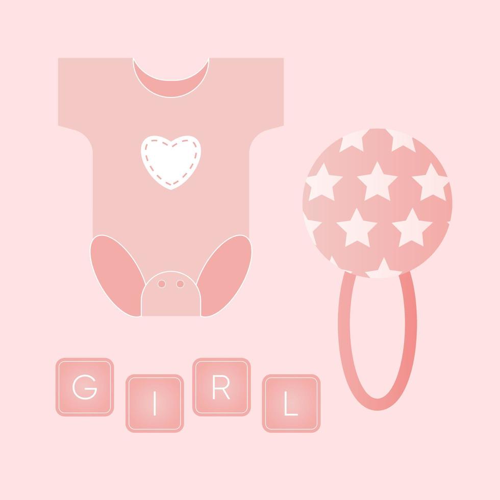 baby douche banier met jurk, rammelaar en tekst meisje Aan roze achtergrond. het s een meisje. vector