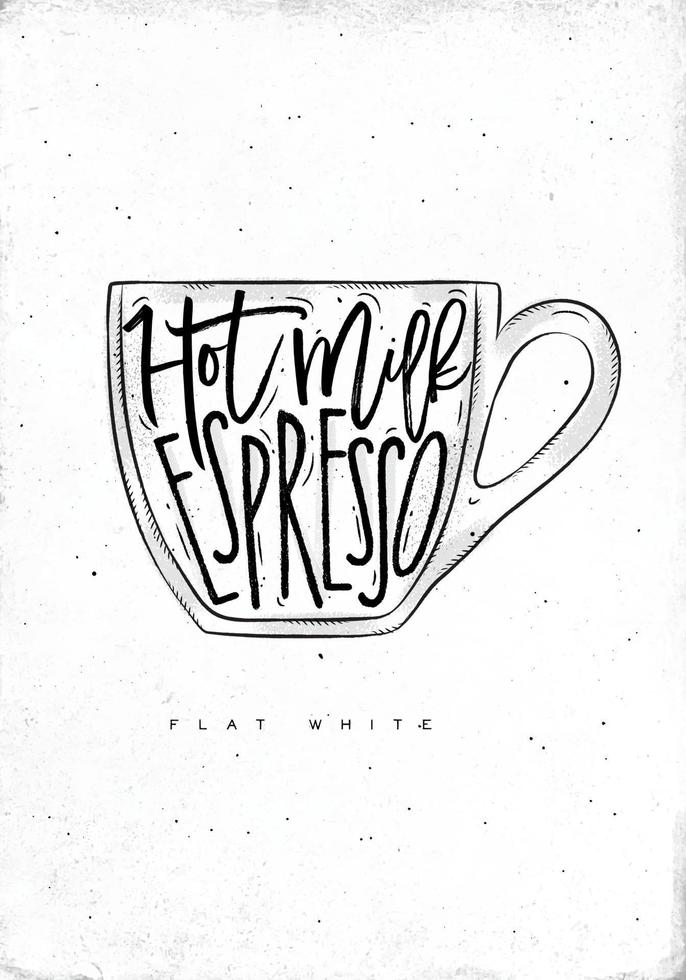 vlak wit belettering heet melk, espresso in wijnoogst grafisch stijl tekening Aan vuil papier achtergrond vector