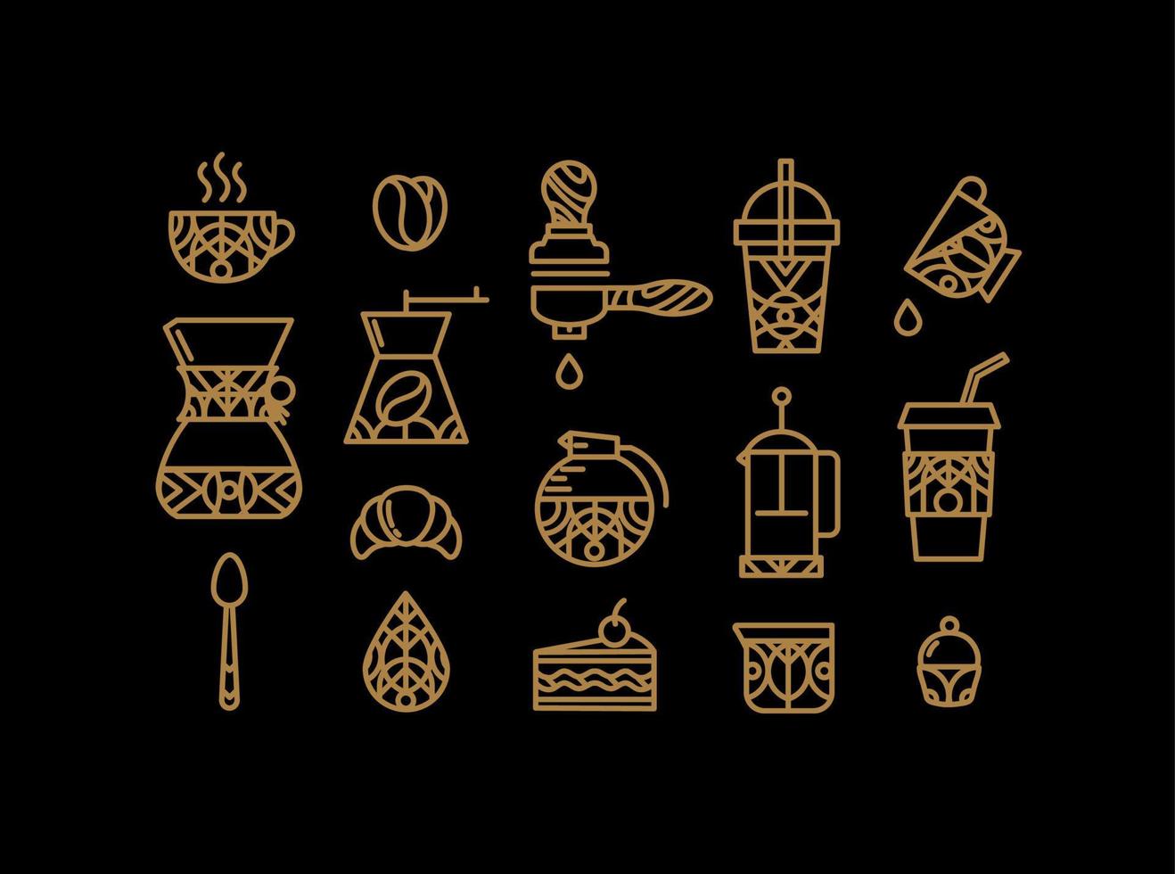 koffie pictogrammen in vlak stijl tekening door dun goud kleur lijnen Aan zwart achtergrond vector