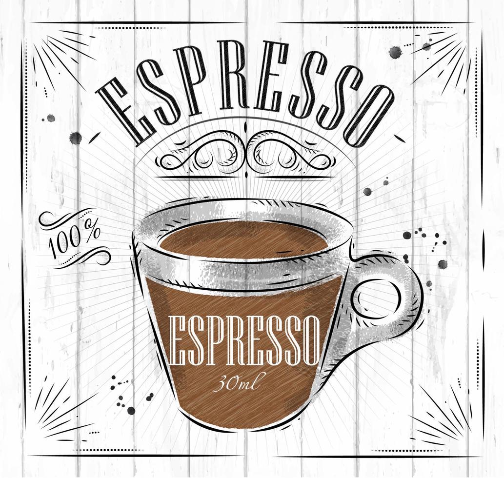 poster koffie espresso in wijnoogst stijl tekening Aan hout achtergrond vector
