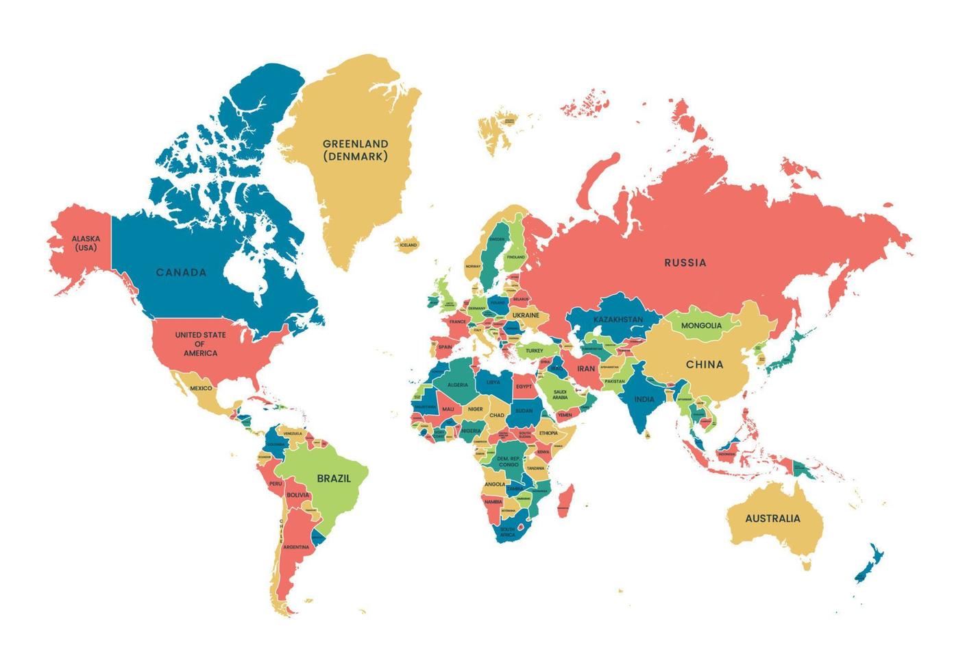 wereld kaart met land namen vector