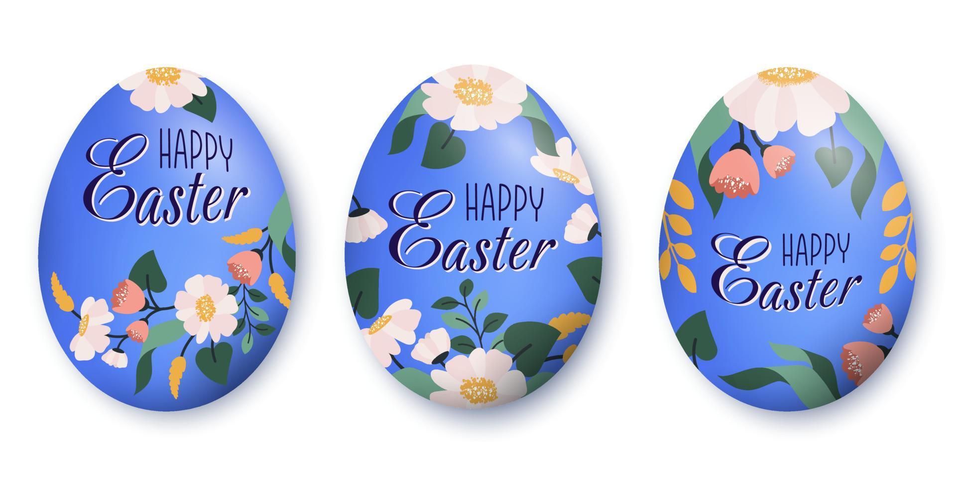 gelukkig Pasen. reeks van blauw bloemen Pasen eieren geïsoleerd. vakantie seizoensgebonden religieus symbool met bloem ornament voor voorjaar vakantie. feestelijk geverfd ei versierd bloem patroon. vector vlak illustratie