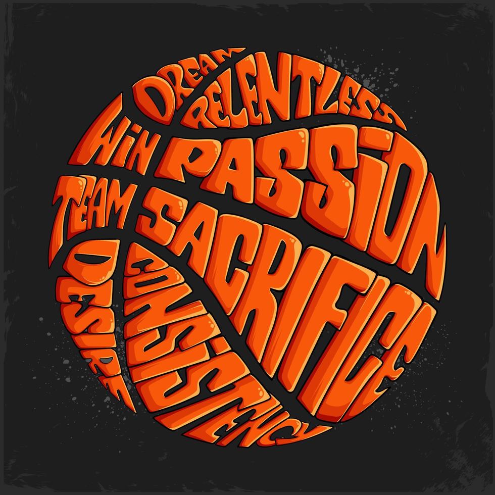hand- getrokken oranje basketbal bal kalligram, motiverende woorden vormig in basketbal bal vector