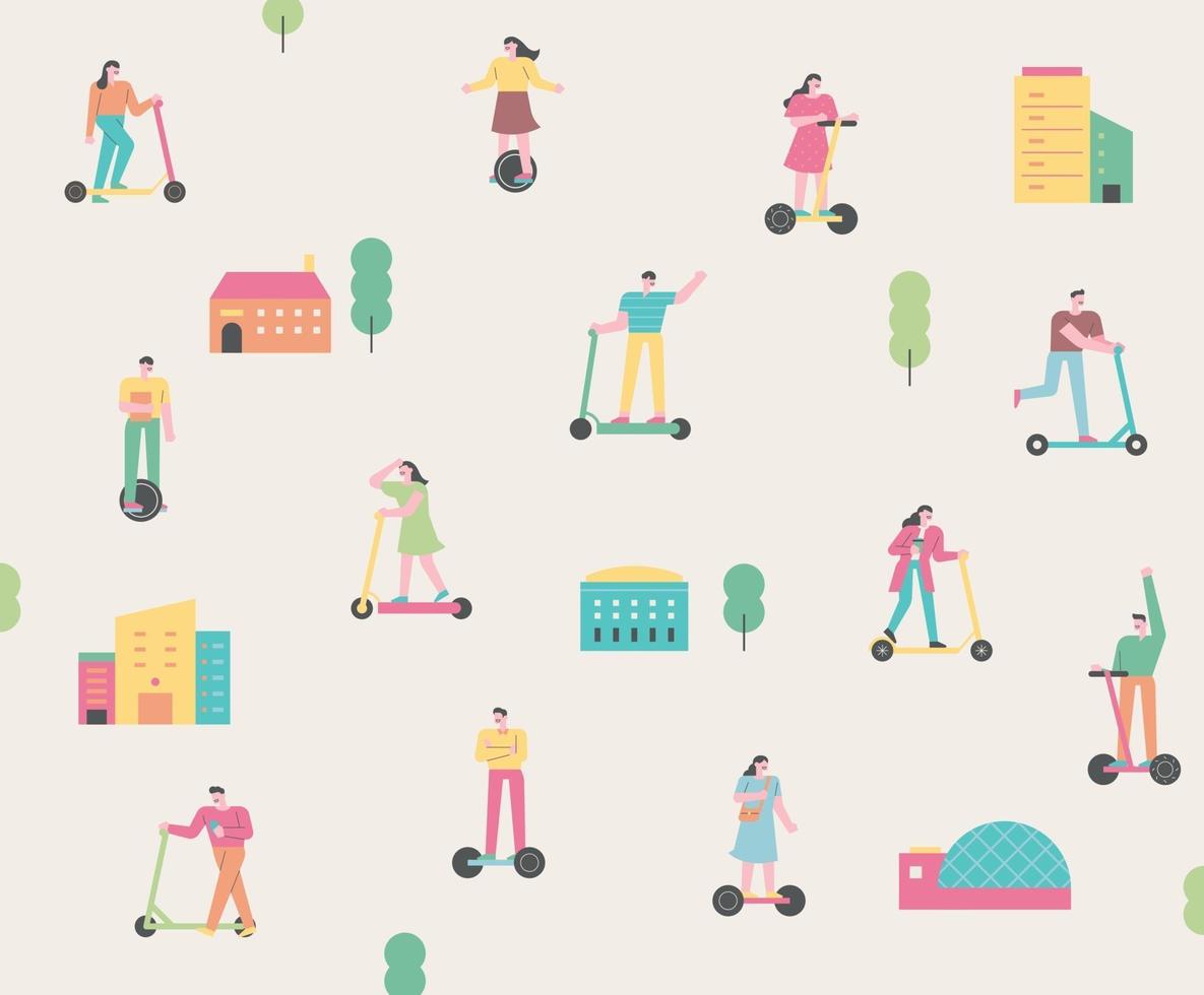 mensen rijden scooters patroon illustratie poster. vector