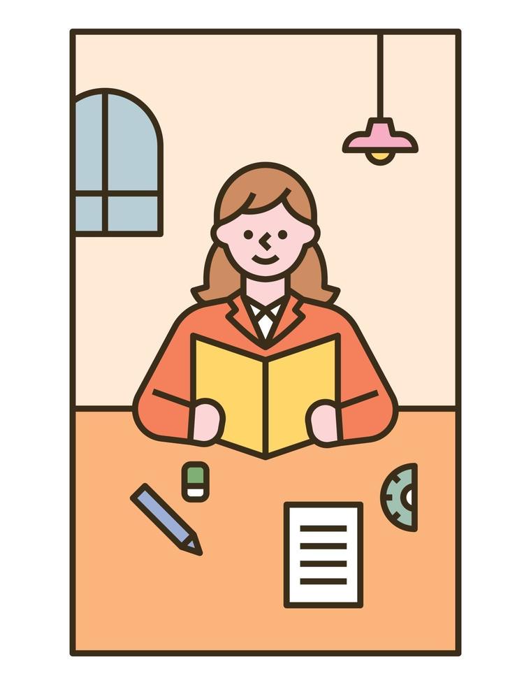 een meisje zit op een bureau een boek te lezen. platte ontwerpstijl minimale vectorillustratie. vector