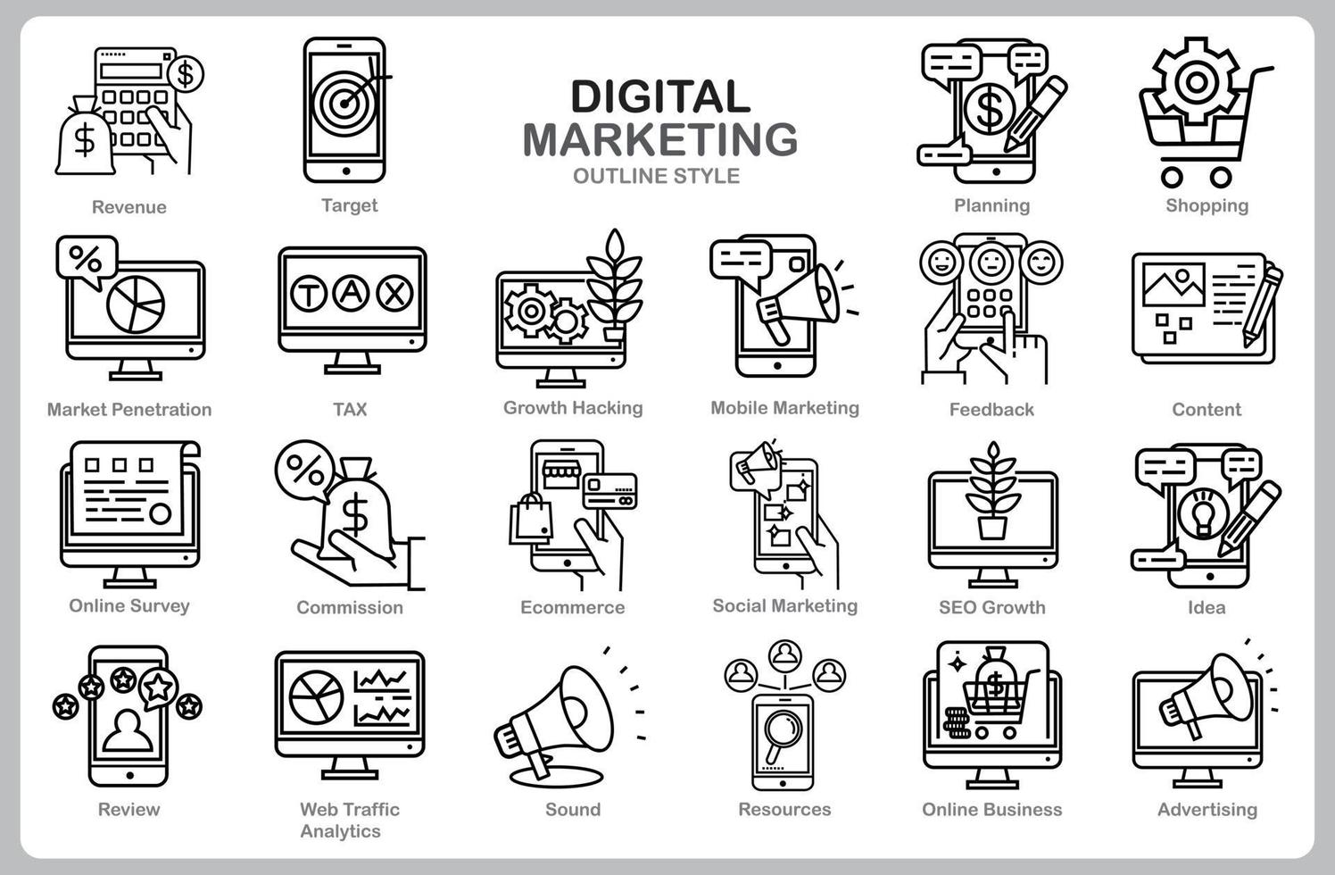 digitale marketing icon set voor website, document, posterontwerp, afdrukken, toepassing. digitale marketing concept pictogram Kaderstijl. vector